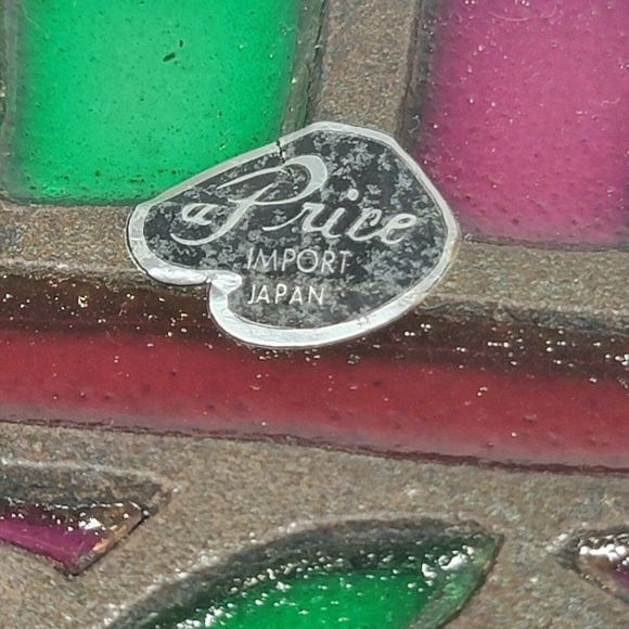 VINTAGE FRUIT BASKET CAST IRON TRIVET JAPAN STAINED GLASS LAMPSHADE APPLE GRAPES - Picture 5 of 5